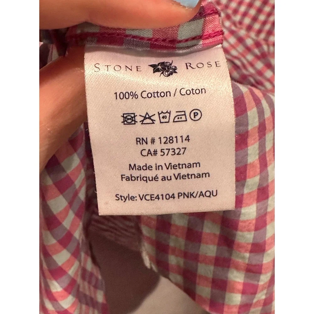 Stone Rose Gingham Button Down Shirt Pink Floral Trim Cotton Men's Size 3 Medium - Picture 4 of 9